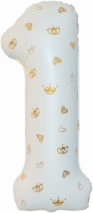 Шар (34''/86 см) Цифра, 1 Золотые короны, Белый, 1 шт. в уп.