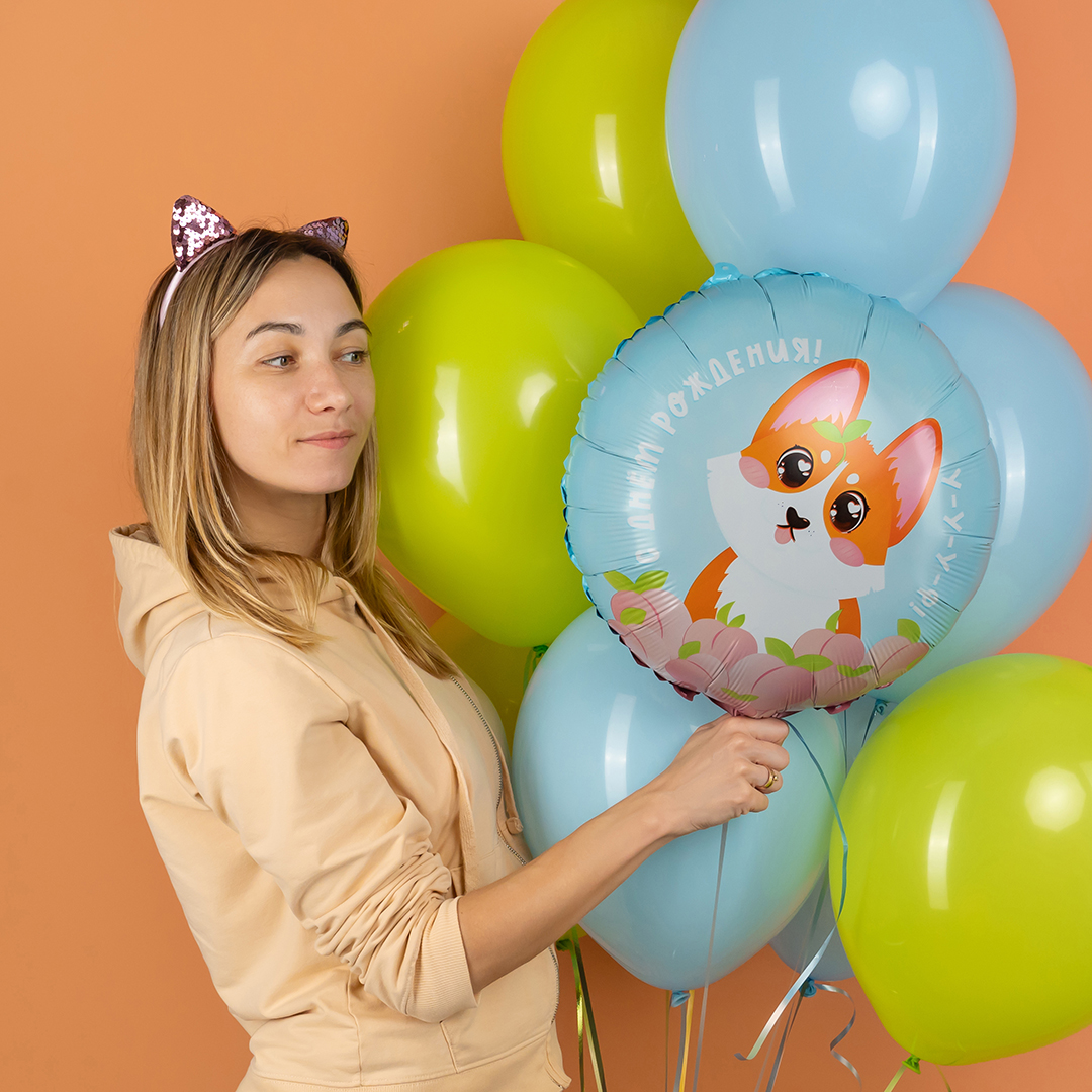 Шар (18''/46 см) Круг, С Днем Рождения! (корги), 1 шт. в уп.