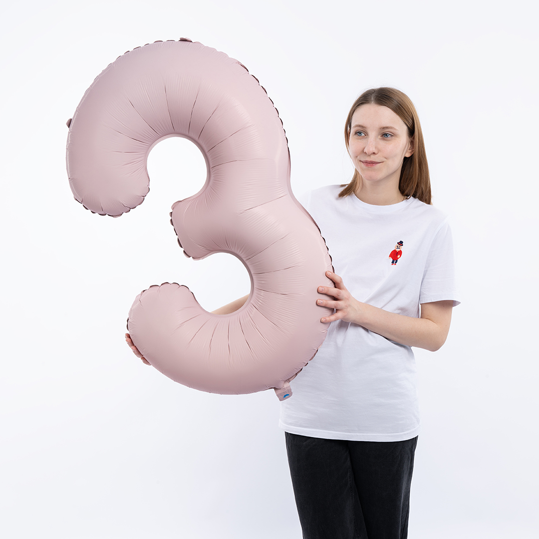 Шар (40''/102 см) Цифра, 3 Slim, Пыльная роза, Сатин, 1 шт. в уп.