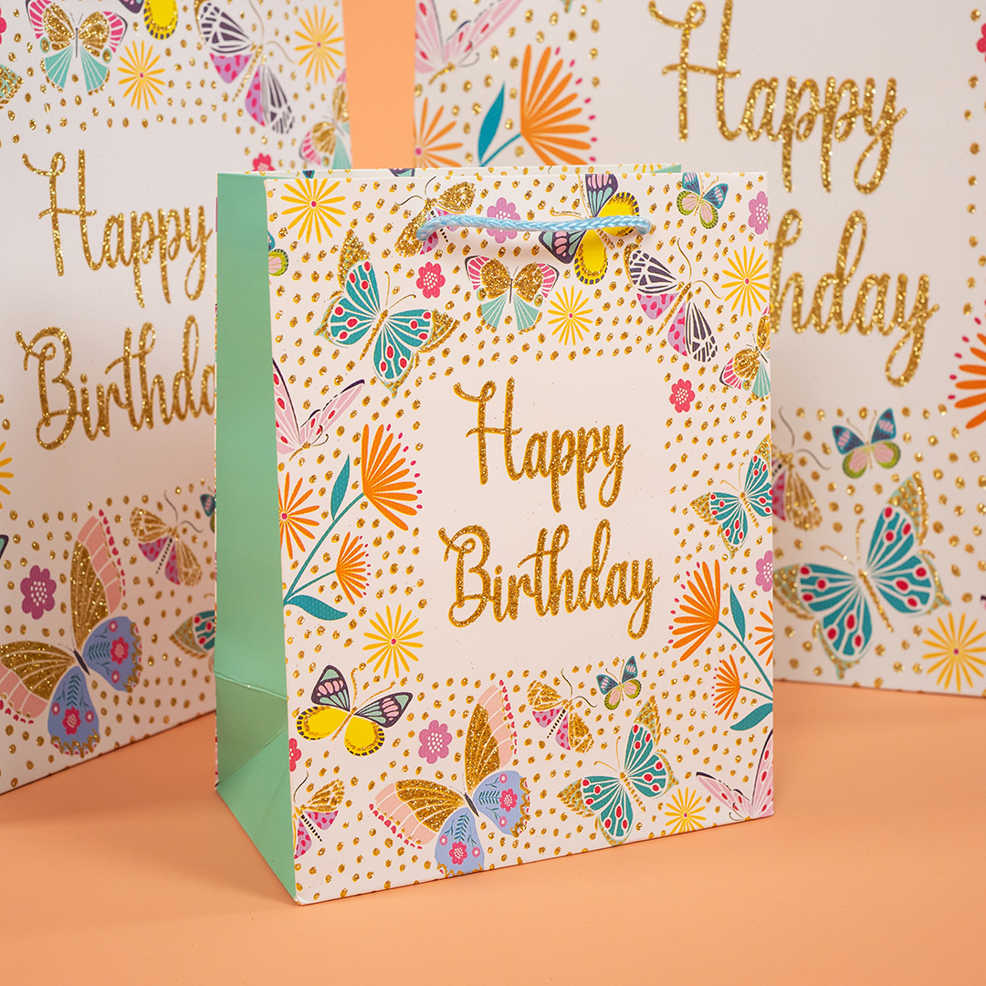 Пакет подарочный, Happy Birthday, Лето, Дизайн №1, с блестками, 41*31*12 см, 1 шт.