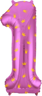Шар (34''/86 см) Цифра, 1 Золотые короны, Розовый, 1 шт. в уп.