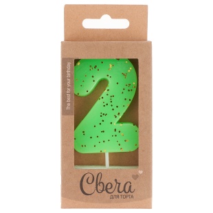 Свеча Цифра, 2 ЭКО, Неон, Зеленый, с блестками, 4*6 + 3 см, 1 шт. с держат.