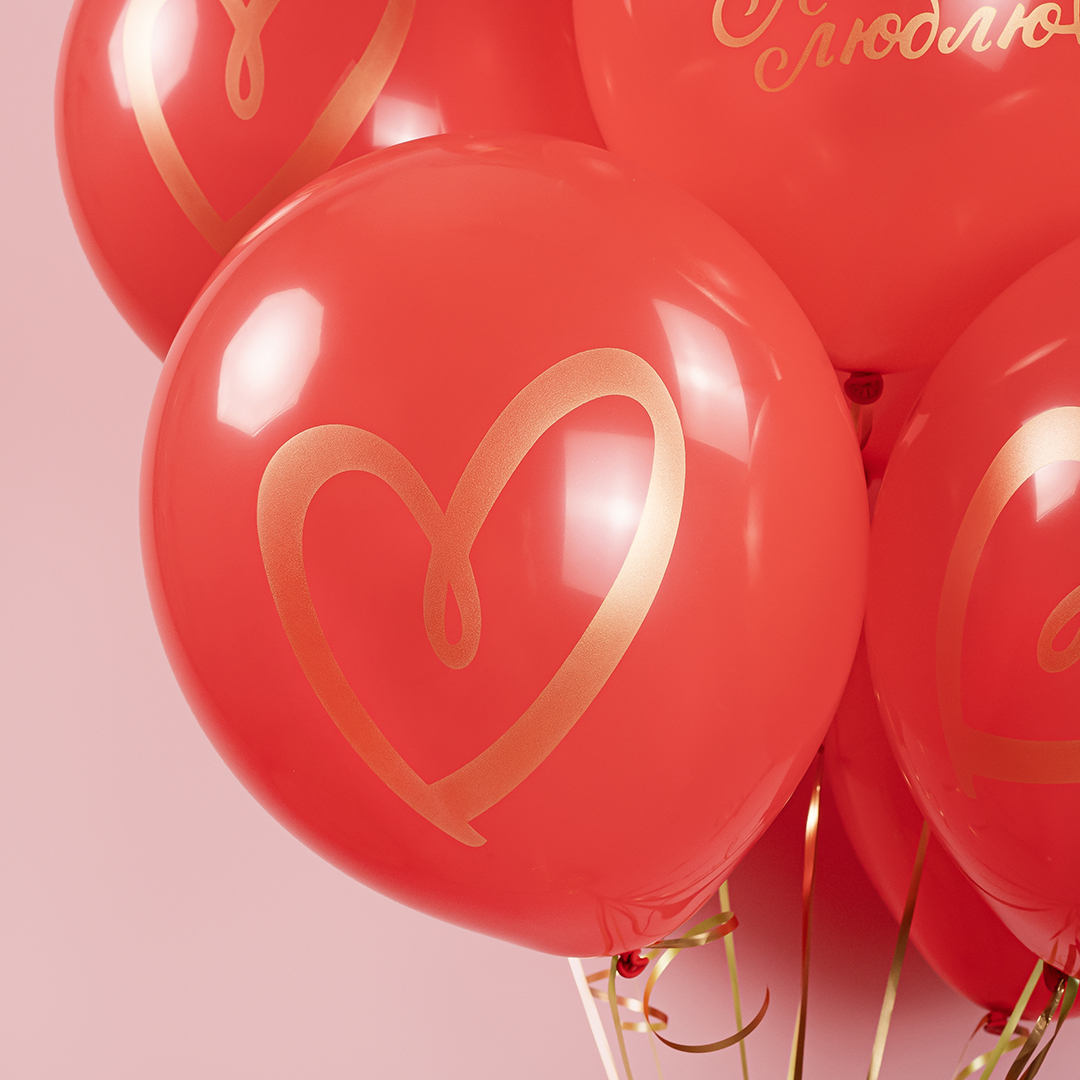 Шар (12''/30 см) Я Тебя Люблю (золотое сердце), Красный, пастель, 2 ст, 25 шт.