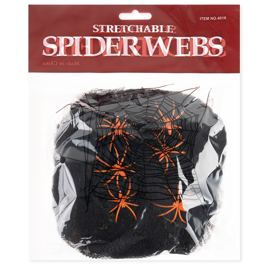 Декоративное украшение, Паутина и 6 пауков, 60 гр, Черный/Оранжевый, 1 шт.