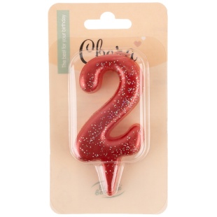 Свеча Цифра, 2 Овал, Красный, с блестками, 4*8 см, 1 шт.