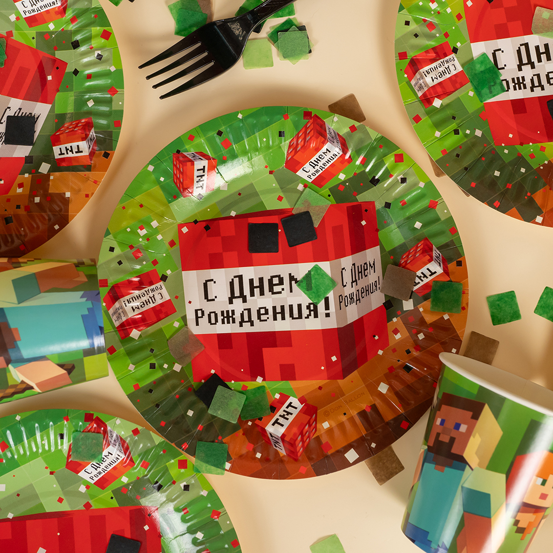 Тарелки (7''/18 см) Пиксели, С Днем Рождения!, 6 шт.