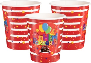 Стаканы (250 мл) Праздничные шарики, С Днем Рождения!, Красный, 6 шт.