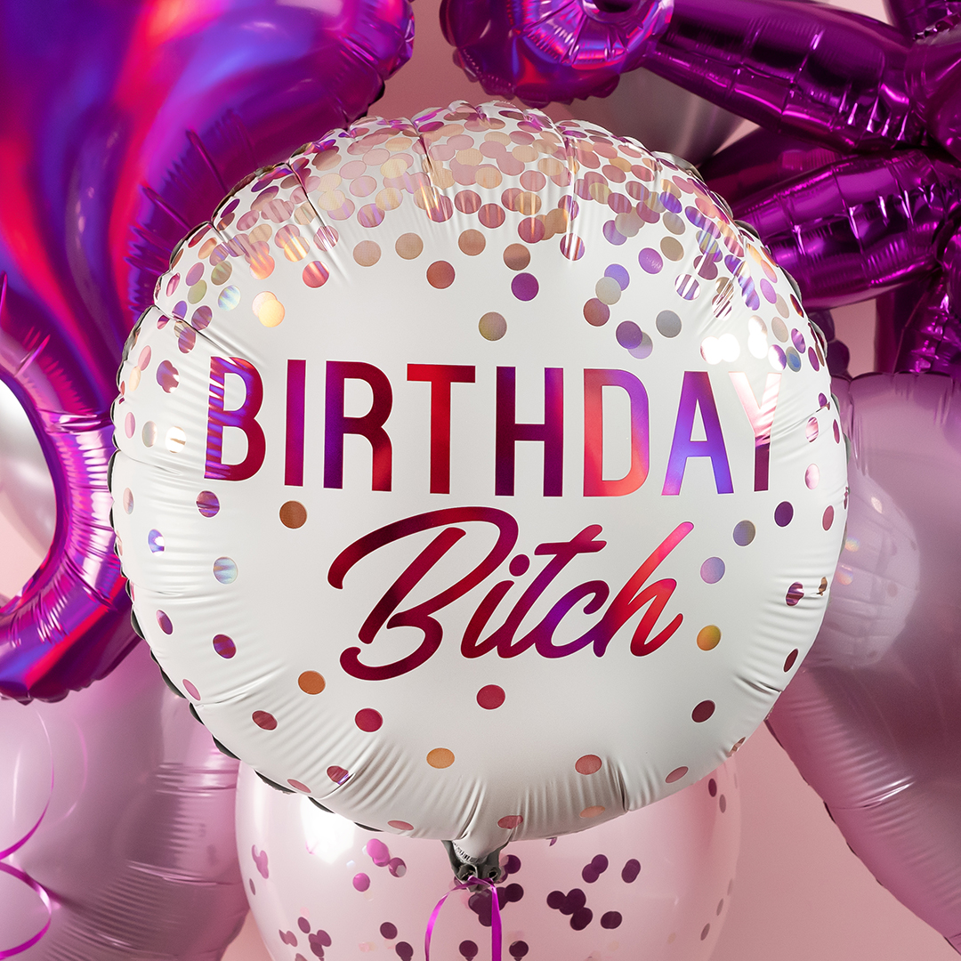 Шар (18''/46 см) Круг, Каскад конфетти, Birthday B*tch, Розовый, Голография, 1 шт.