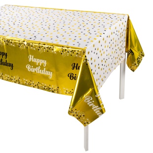 Скатерть одноразовая, Happy Birthday (звезды и конфетти), Белый/Золото, Металлик, 137*183 см, 1 шт.