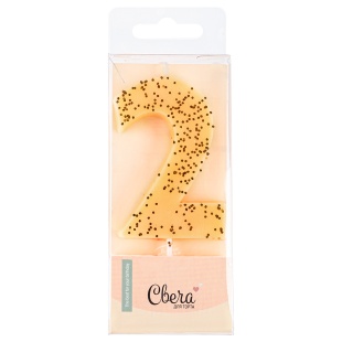 Свеча Цифра, 2, Кремовый, с блестками, 4,3*7,5 + 4,5 см, 1 шт. с держат.