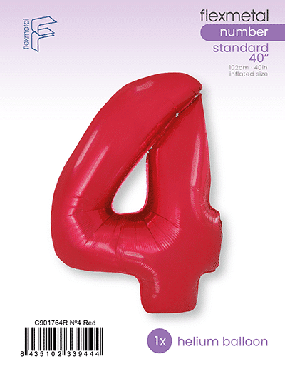 Шар (40''/102 см) Цифра, 4, Красный, 1 шт. в уп.