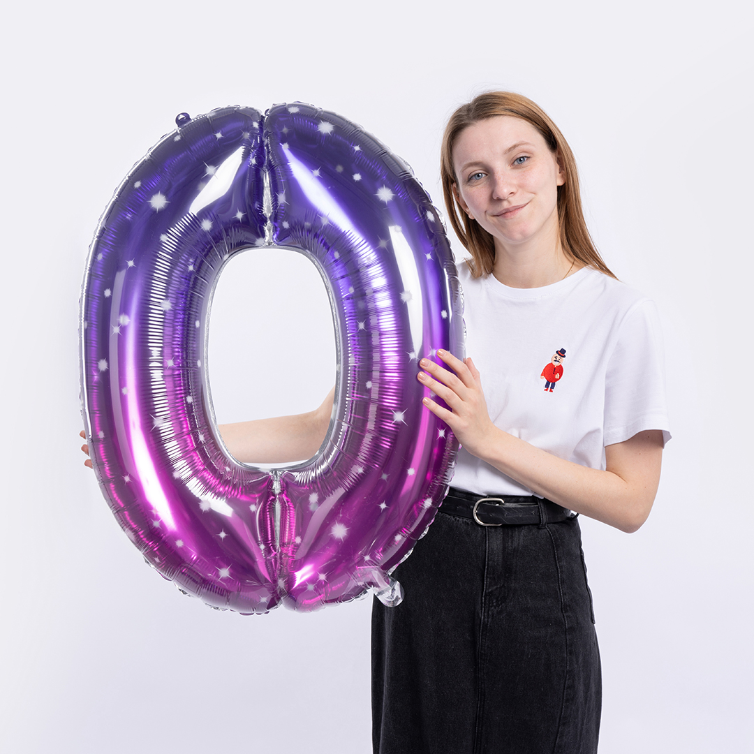 Шар (34''/86 см) Цифра, 0 Сияющий космос, Сиреневый, Градиент, 1 шт. в уп.