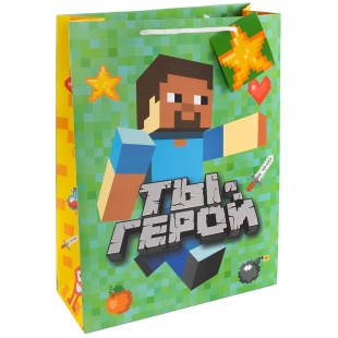 Пакет подарочный, 210гр, Пиксели, Ты Герой, 41*31*12 см, 1 шт.