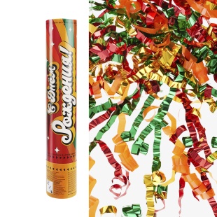 Пневмохлопушка (12/30 см), С Днем Рождения (мажестик дрим), Серпантин фольга, Ассорти, Металлик, 1 ш