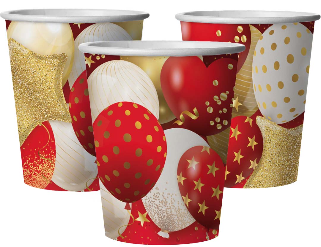 Стаканы (250 мл) Воздушные шары, Яркий праздник, Красный/Золото, 6 шт.