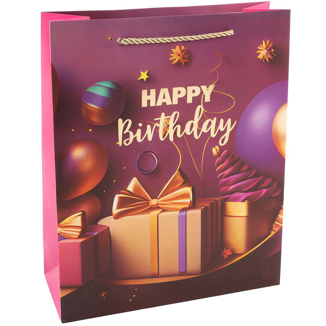 Пакет подарочный, 210гр, Happy Birthday, Праздничный микс, Дизайн №3, Металлик, 41,5*30*12 см, 1 шт.