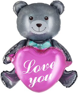 Шар 3D (30''/76 см) Фигура, Сидячий мишка с сердцем, Серый, 1 шт. в уп.