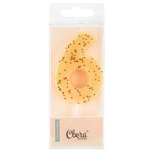 Свеча Цифра, 6, Кремовый, с блестками, 4,3*7,5 + 4,5 см, 1 шт. с держат.