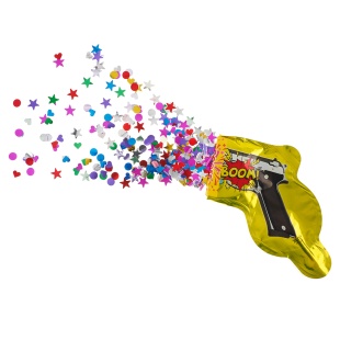 Шар с клапаном (8''/20 см) Мини-фигура, Пистолет - хлопушка с конфетти, Желтый, 1 шт.