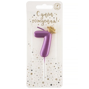 Свеча Цифра, 7 Золотая корона, на шпажке, Ярко-розовый, Металлик, 4*5,5 + 4 см, 1 шт. с держат.