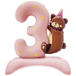 Шар (35''/89 см) Цифра на подставке, 3 Годика, Мишка в колпачке, Розовый, Сатин, 1 шт. в уп.