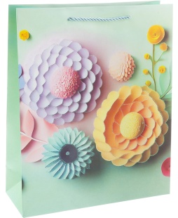 Пакет подарочный, 210гр, Бумажные цветы, Дизайн №2, с блестками, 23*18*10 см, 1 шт.