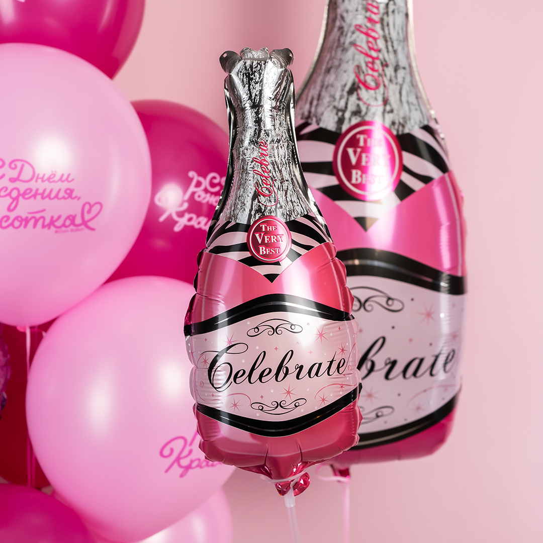 Шар с клапаном (14''/36 см) Мини-фигура, Бутылка Шампанское, Розовый, 1 шт.