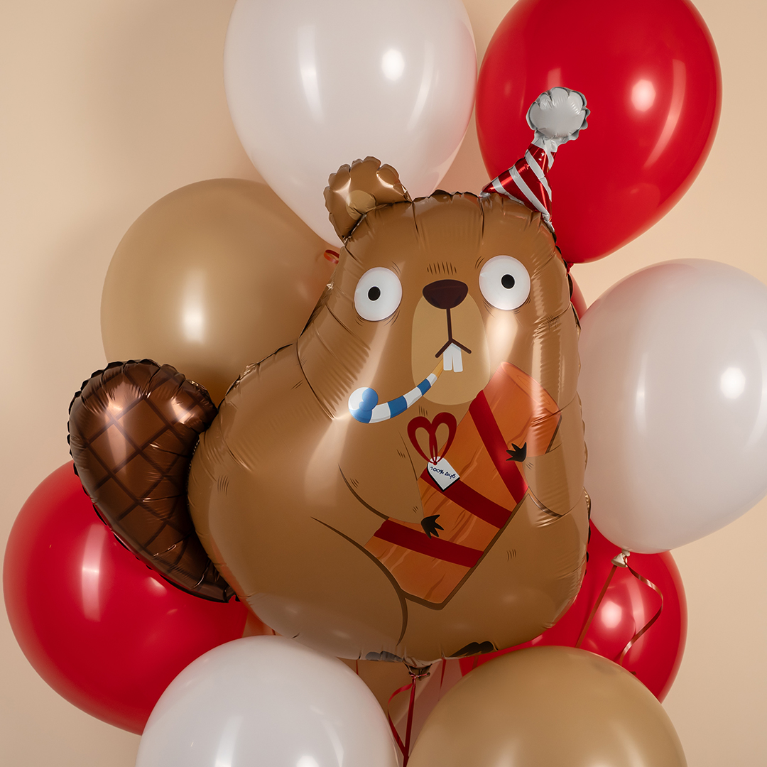 Шар (31''/79 см) Фигура, Бобр с подарком, 1 шт. в уп.