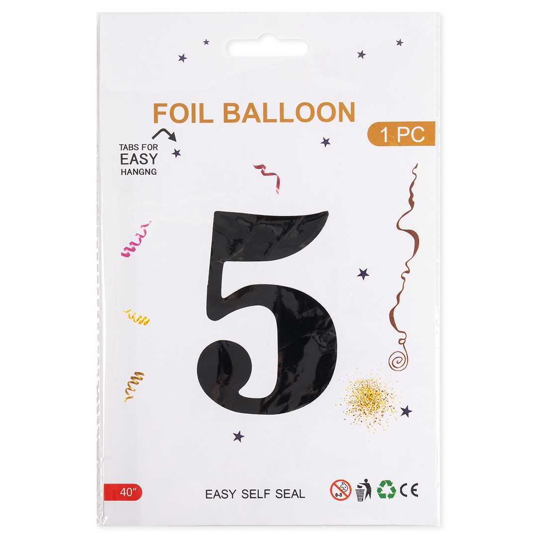 Шар (40''/102 см) Цифра, 5, Черный, Металлик, 1 шт. в уп.