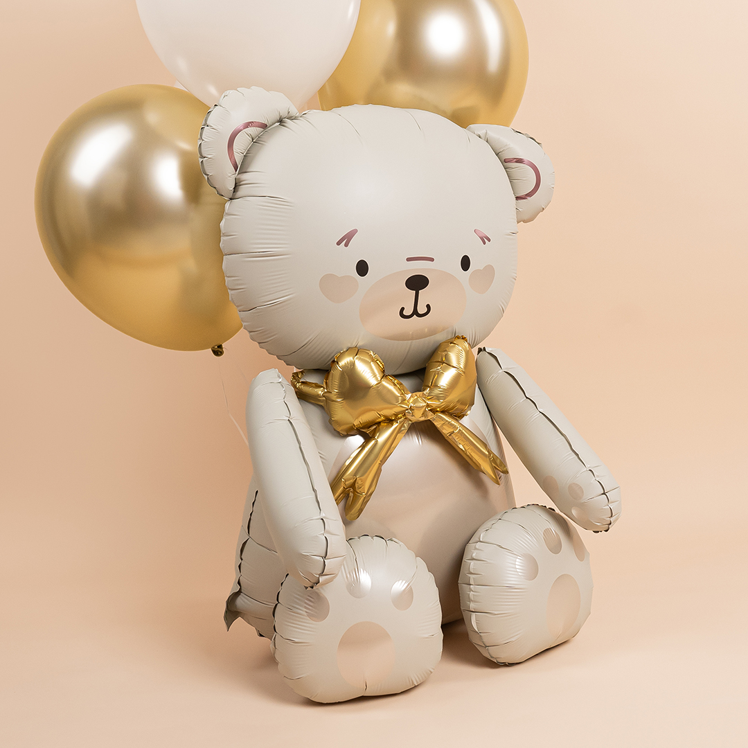 Шар (28''/71 см) Фигура 3D, Сидячий мишка с бантиком, Сатин, 1 шт. в уп.