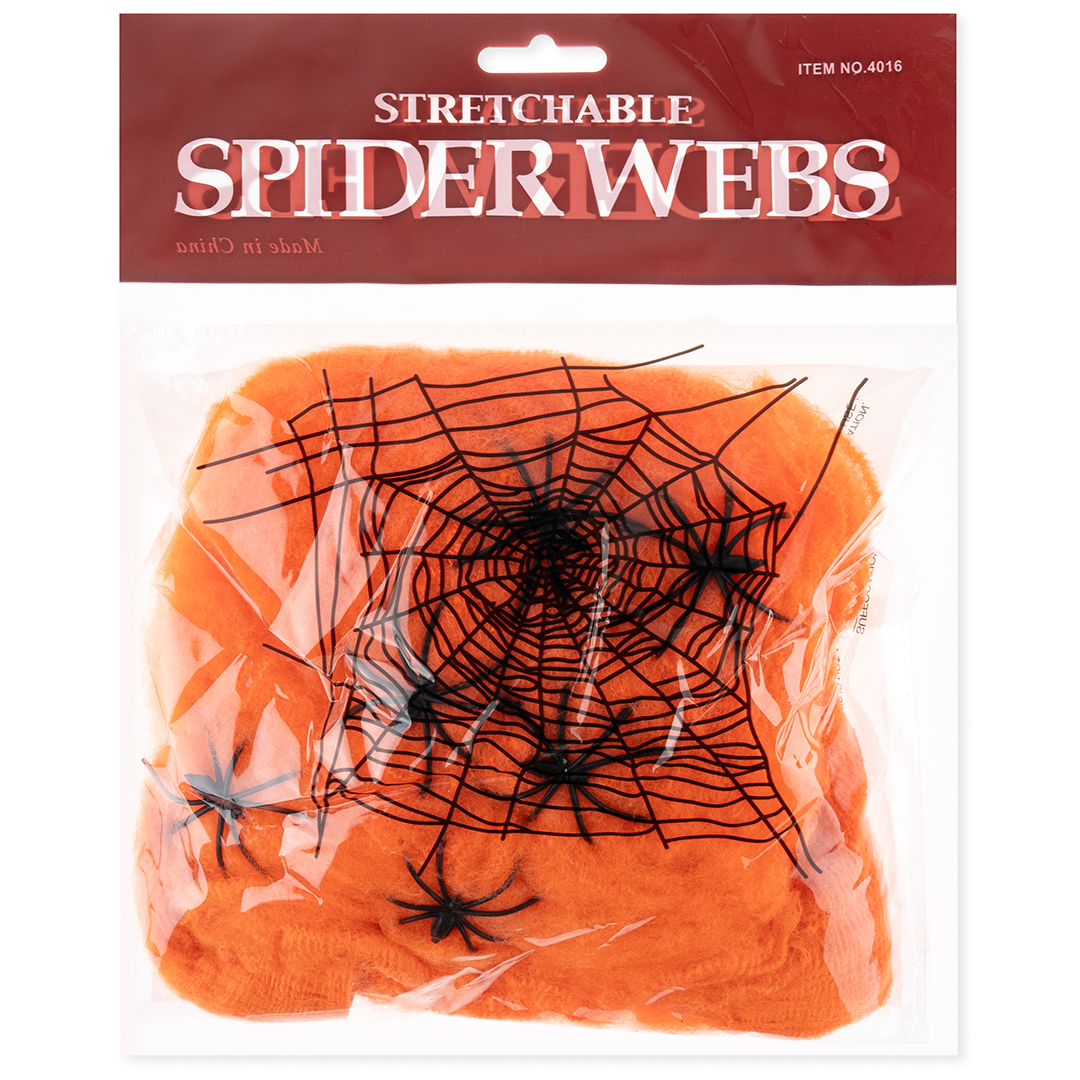 Декоративное украшение, Паутина и 6 пауков, 60 гр, Оранжевый/Черный, 1 шт.