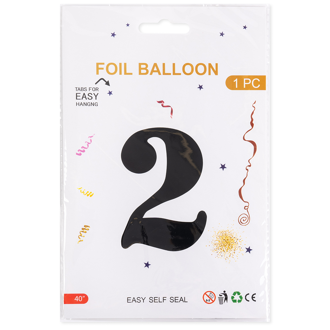 Шар (40''/102 см) Цифра, 2, Черный, Металлик, 1 шт. в уп.