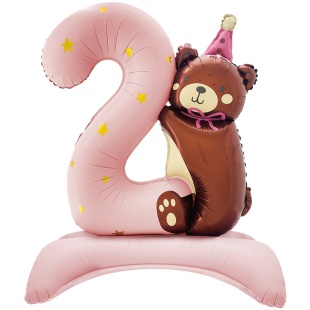 Шар (35''/89 см) Цифра на подставке, 2 Годика, Мишка в колпачке, Розовый, Сатин, 1 шт. в уп.