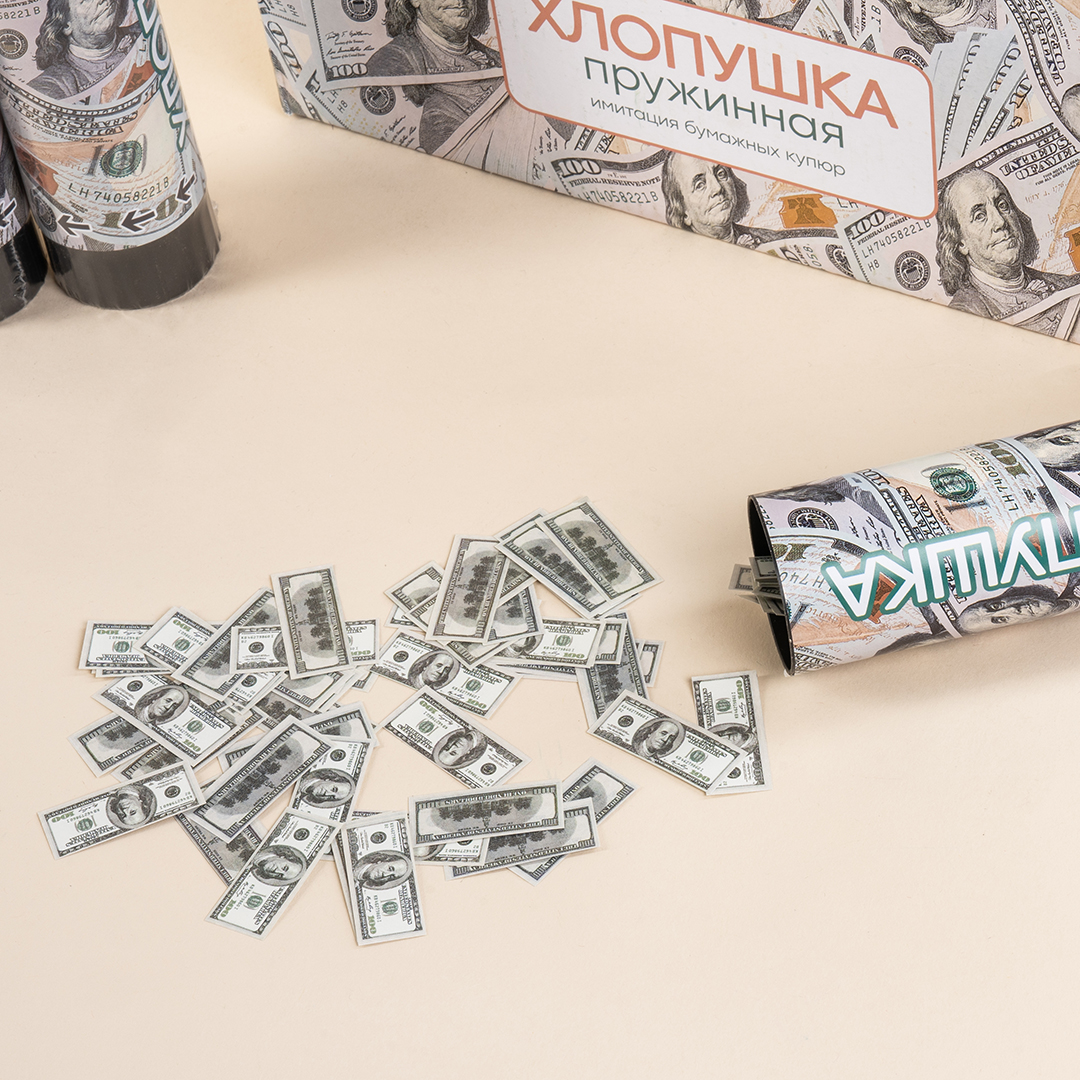 Хлопушка пружинная (6/15 см), Деньги, Доллары, 1 шт.