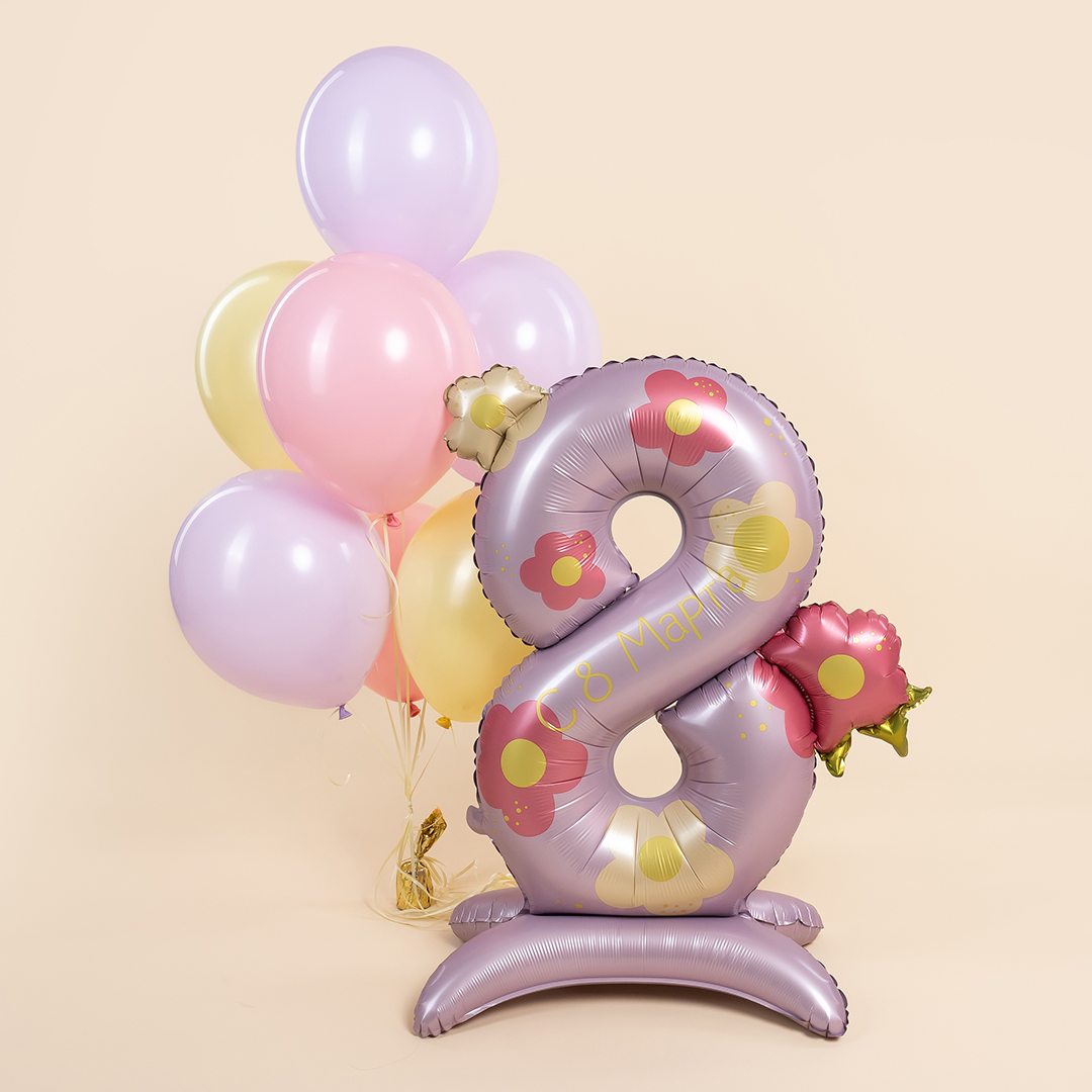 Шар (40''/102 см) Цифра на подставке, 8 Марта, Нежные цветы, 1 шт. в уп.