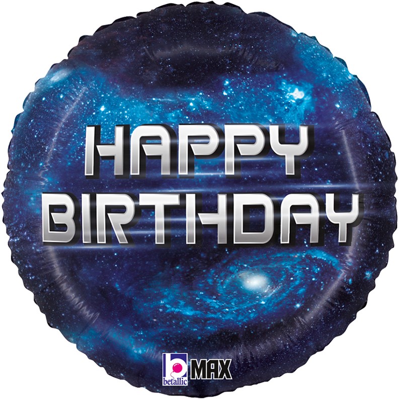 Шар (18''/46 см) Круг, Happy Birthday (космос), Темно-синий, 1 шт.