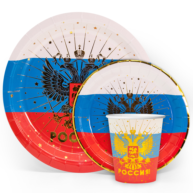 Тарелки (7''/18 см) Россия! (герб), Триколор, Металлик, 6 шт.
