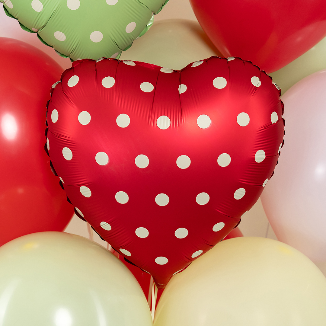 Шар (18''/46 см) Сердце, Горошек, Красный, Сатин, 1 шт.