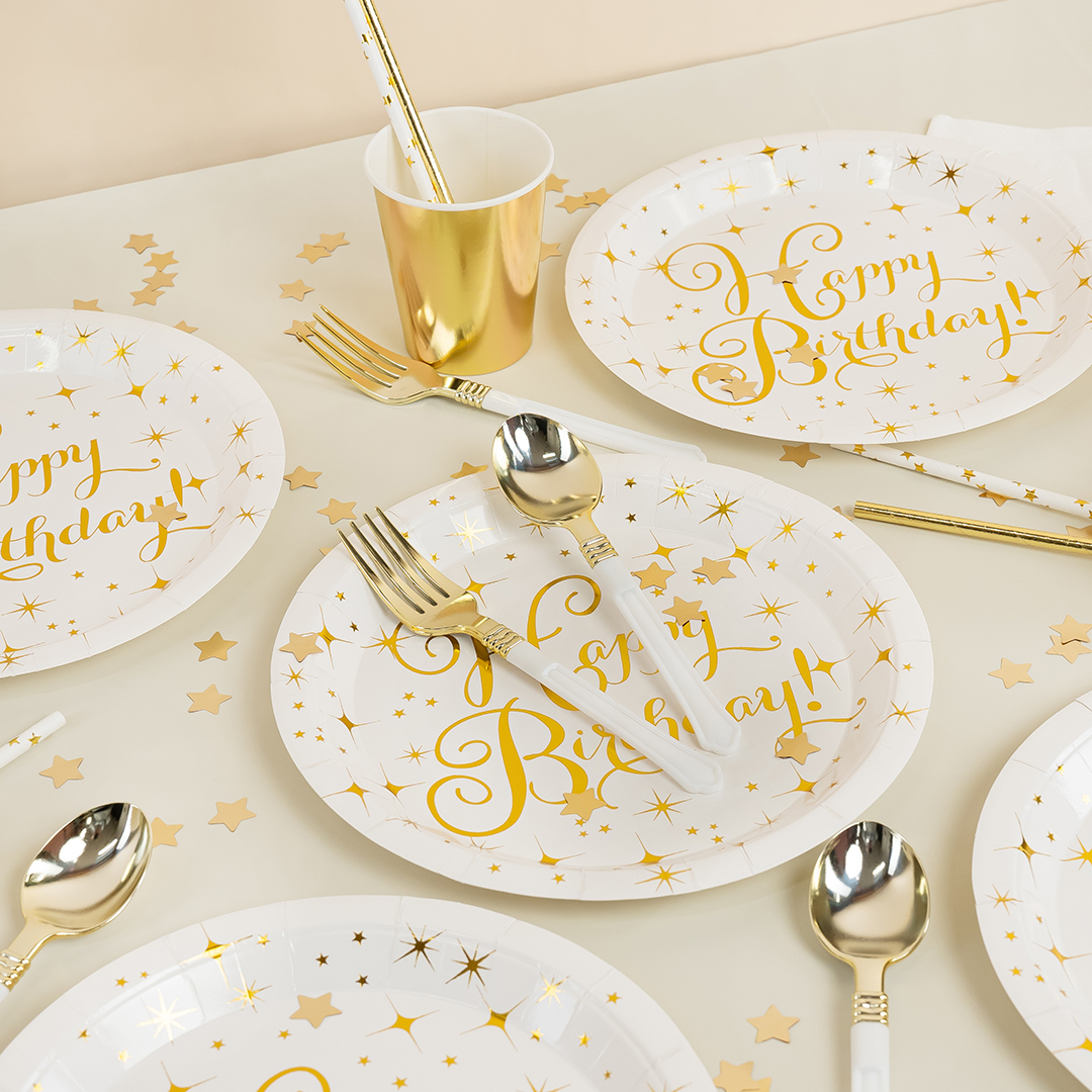 Тарелки (9''/23 см) Волшебный ДР, Белый/Золото, Металлик, 6 шт.