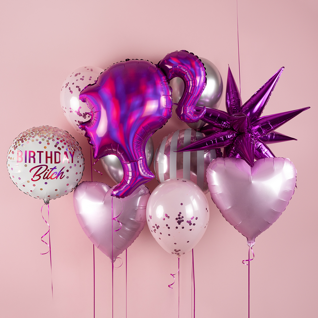 Шар (18''/46 см) Круг, Каскад конфетти, Birthday B*tch, Розовый, Голография, 1 шт.