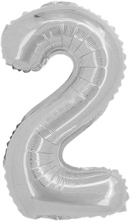 Шар с клапаном (16''/41 см) Мини-цифра, 2, Серебро, 1 шт.