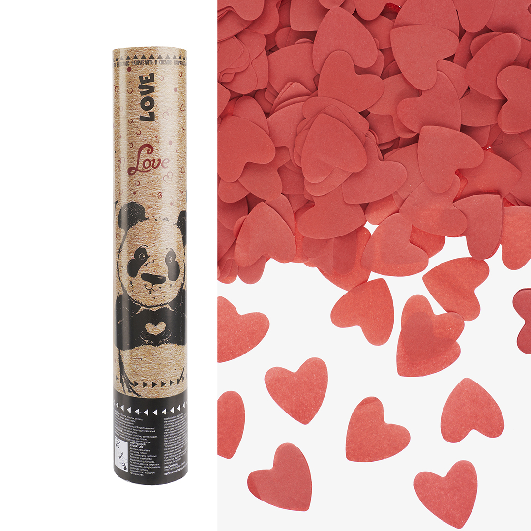 Пневмохлопушка (12/30 см), Панда, Сердца тишью, Красный, 1 шт.