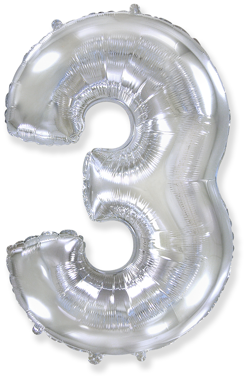 Шар (40''/102 см) Цифра, 3, Серебро, 1 шт.