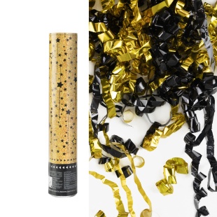 Пневмохлопушка (12/30 см), Звездный фейерверк, Серпантин фольга, Черный/Золото, Металлик, 1 шт.
