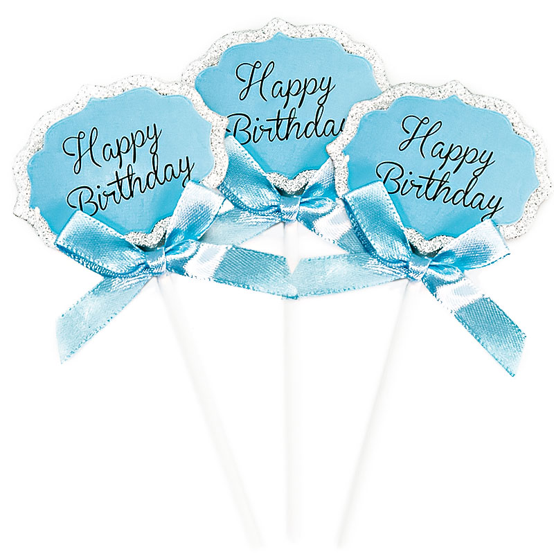 Топперы, Happy Birthday (серебряный глиттер), Голубой, с блестками, 5 шт.