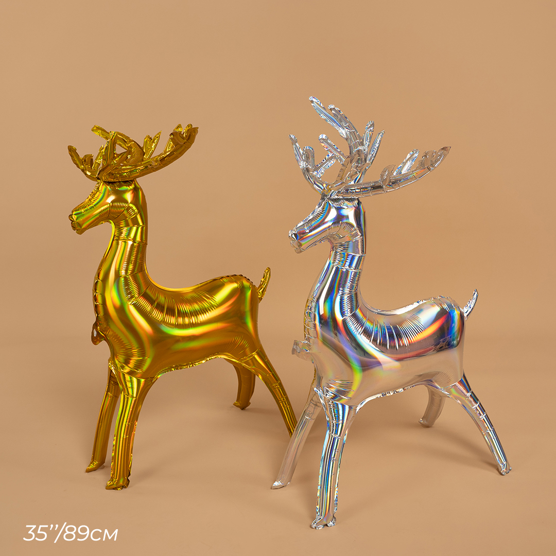 Шар 3D (35''/89 см) Фигура, Олень, Серебро, Голография, 1 шт. в уп.