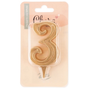 Свеча Цифра, 3 Грация, Золото, с блестками, 7 см, 1 шт.