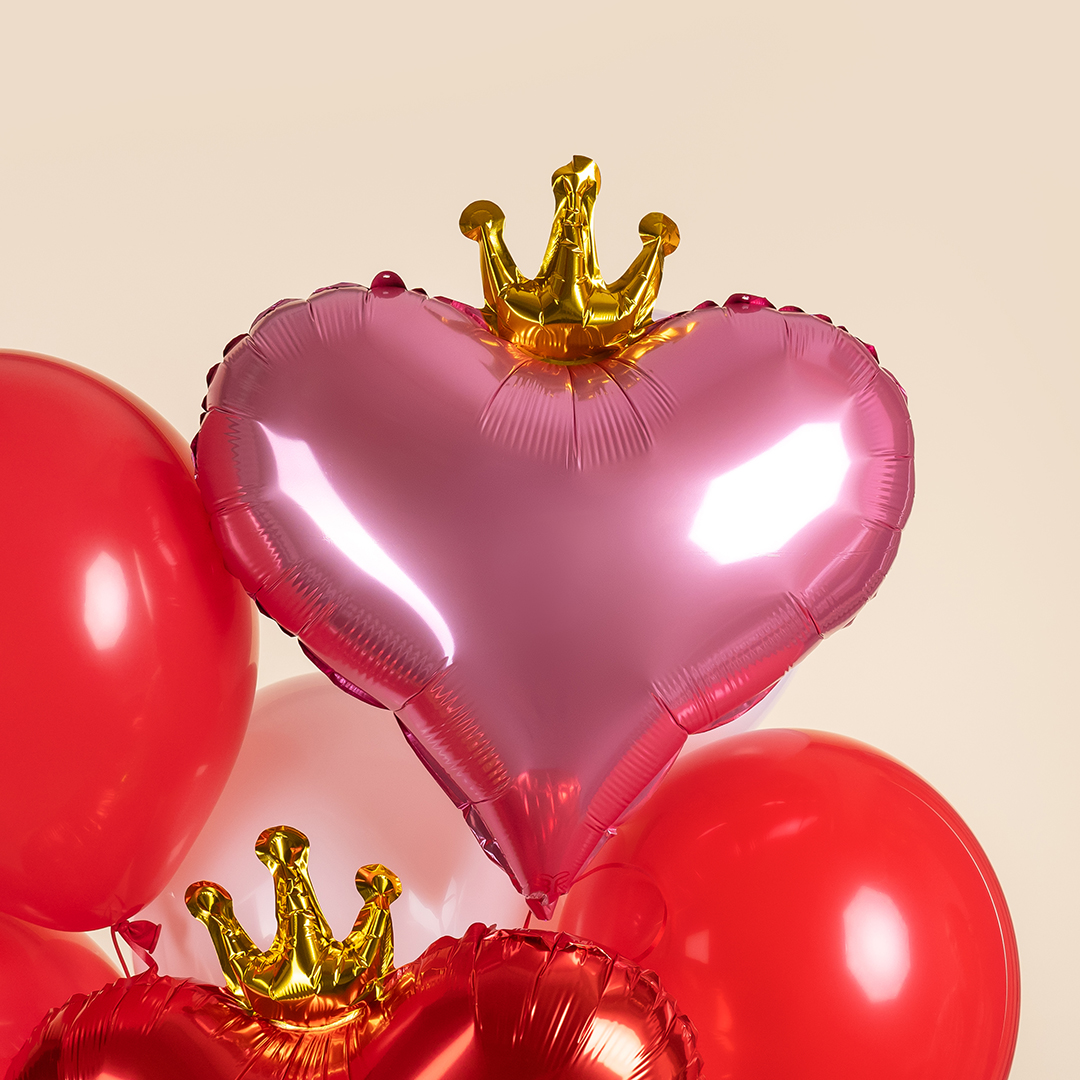 Шар (22''/56 см) Сердце, Золотая корона, Розовый, 1 шт. в уп.