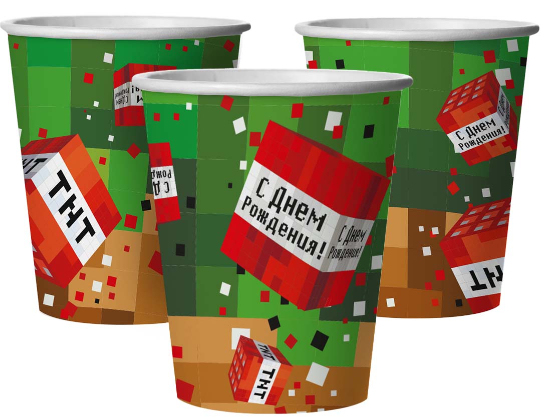 Стаканы (250 мл) Пиксели, С Днем Рождения!, 6 шт.