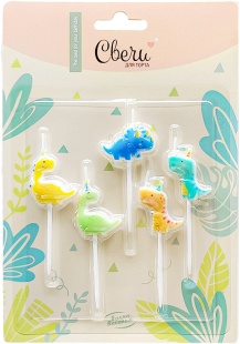 Набор свечей Фигура, Милые динозаврики, Ассорти, 3*3 + 4,5 см, 5 шт. с держат.